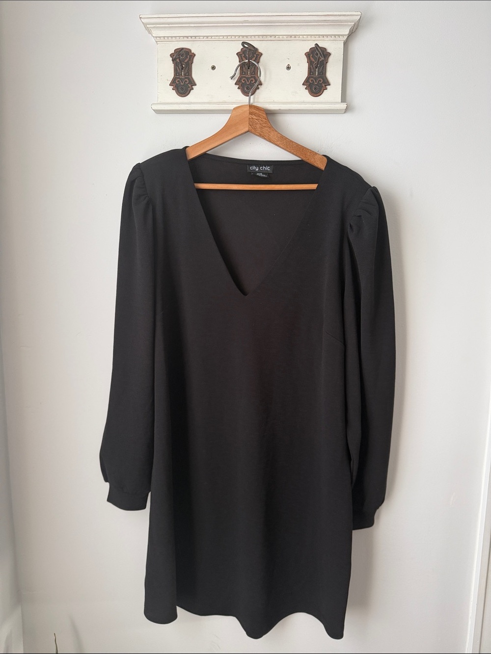 City Chic Black V-Neck Puff Sleeve Long Sleeve Dress Classic Office Plua